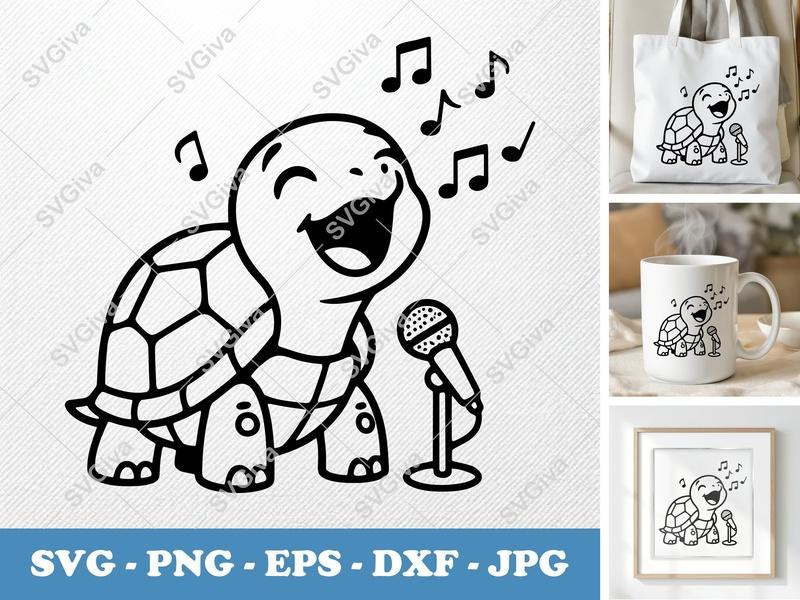 Turtle Singing SVG, Musical Notes PNG, EPS, DXF | Cute Animal Clip Art for Cricut & Silhouette, Modern Design