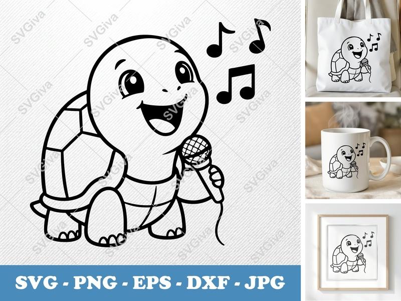 Turtle Singing SVG PNG DXF EPS | Music Cut File Cricut Silhouette Kawaii Animal