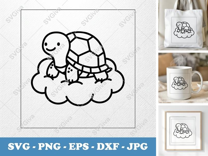 Turtle Sitting on a Cloud SVG | Kawaii Minimalist Cut File | Bold Contour White Fill PNG DXF EPS for Cricut Silhouette