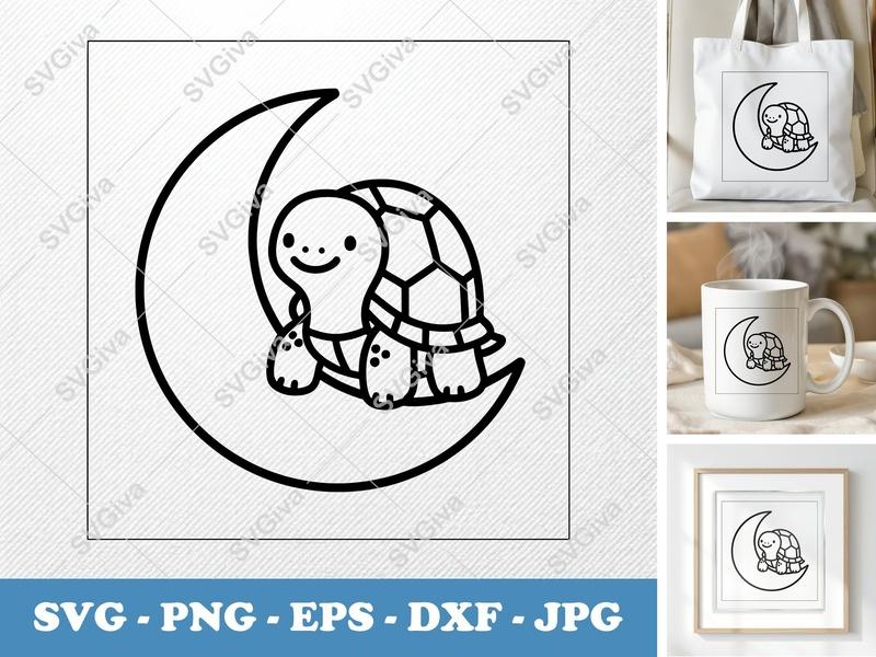 Turtle Sitting on Moon SVG | Minimalist Line Art | Bold Contour | PNG DXF EPS | Cricut Silhouette File