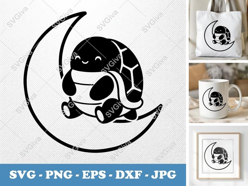 Turtle Sitting on Moon SVG | Puffy Dreamy Art | PNG DXF EPS | Cricut Silhouette File