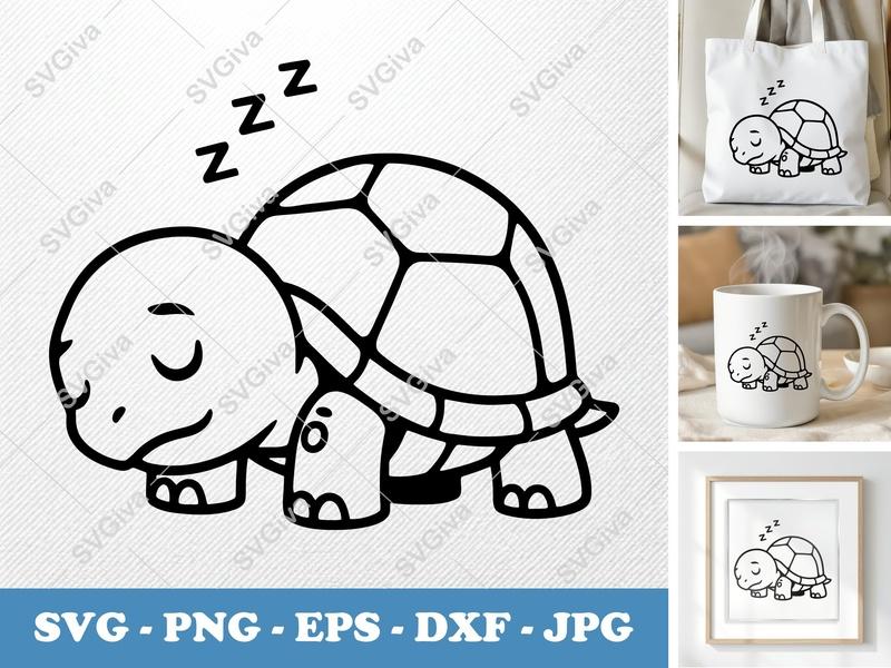 Turtle Sleeping SVG | Cute Sleepy Tortoise PNG EPS DXF | Modern Animal Cut File for Cricut, Silhouette | Zzz Ocean Design