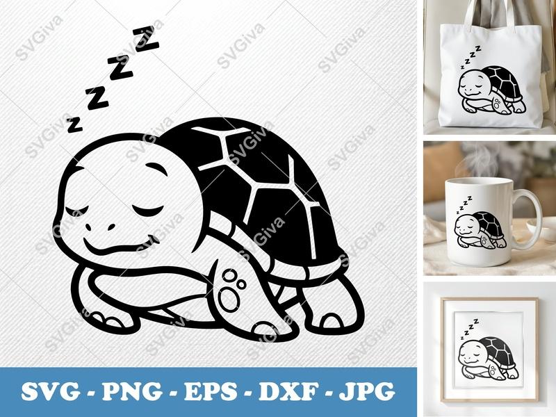Turtle Sleeping SVG PNG DXF EPS | Cute Animal Cut File for Cricut Silhouette | Nursery Decor Vector