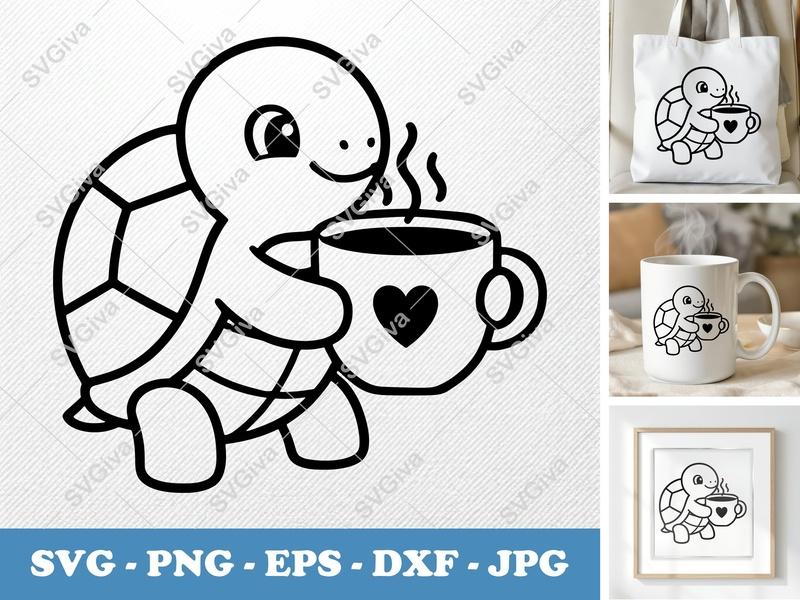 Turtle SVG | Coffee Love Cut File | Cute Tortoise with Heart Mug | PNG EPS DXF | Cricut Silhouette Design