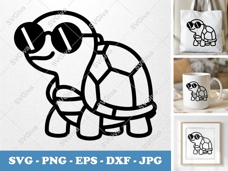 Turtle SVG | Cool Sunglasses Modern Line Art | PNG EPS DXF | Cricut Silhouette Cut File | Trendy Animal Clipart