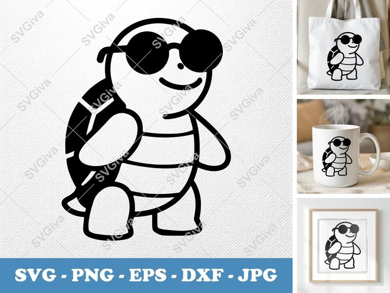 Turtle SVG | Cool Turtle with Sunglasses Cut File | Modern Animal Clipart | PNG EPS DXF for Cricut & Silhouette