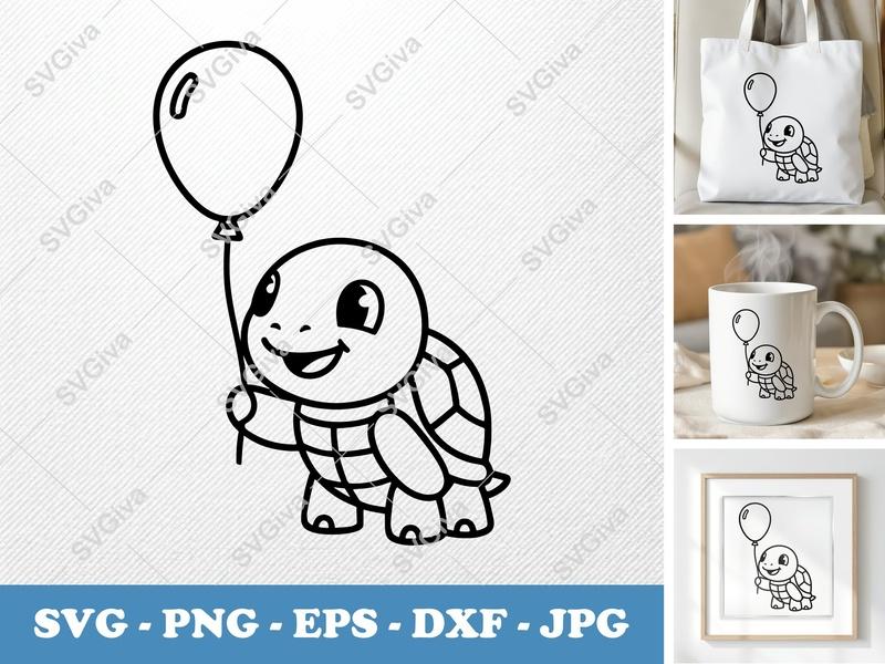 Turtle SVG | Cute Baby Turtle with Balloon Cut File | PNG EPS DXF for Cricut & Silhouette, Kids Animal Clipart