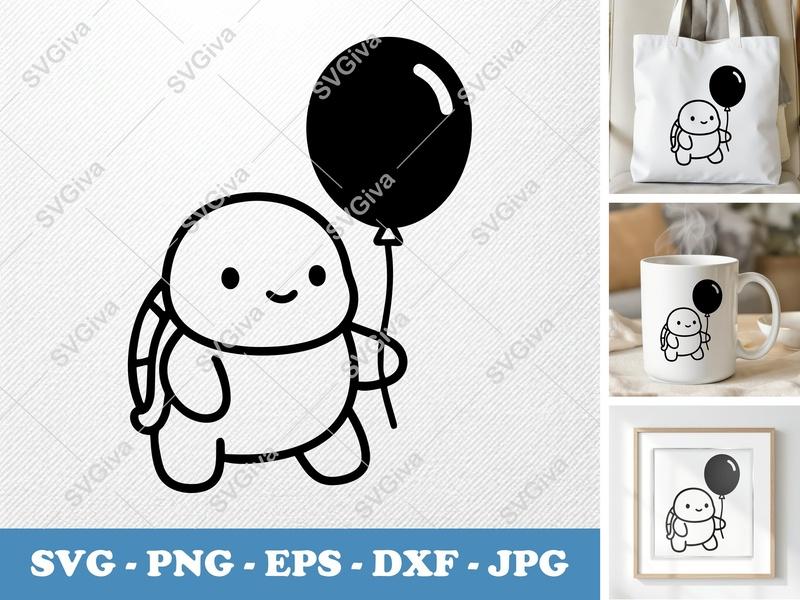 Turtle SVG | Cute Balloon Design, Cartoon Animal Clipart | PNG EPS DXF for Cricut, Silhouette, Kids Crafts