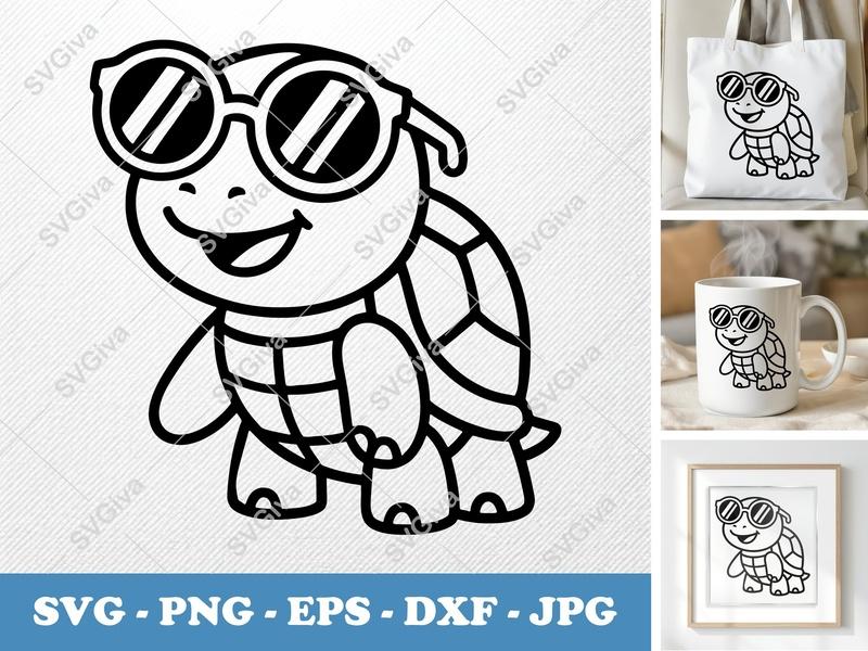 Turtle SVG | Cute Cartoon Sea Turtle with Sunglasses | Modern Clean Design | PNG EPS DXF for Cricut & Silhouette