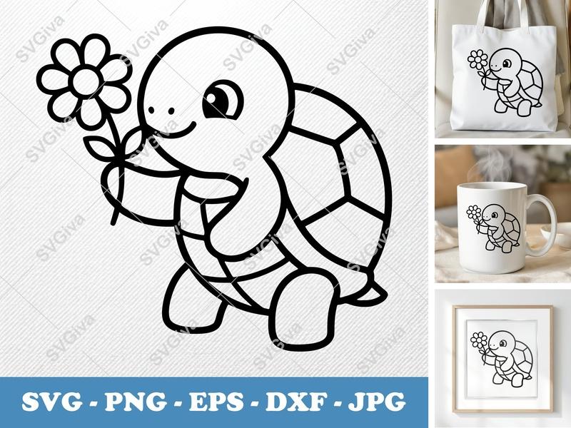 Turtle SVG, Cute Cartoon Turtle holding Flower | PNG EPS DXF | Cricut Silhouette Cut File, Modern Sea Animal Clipart