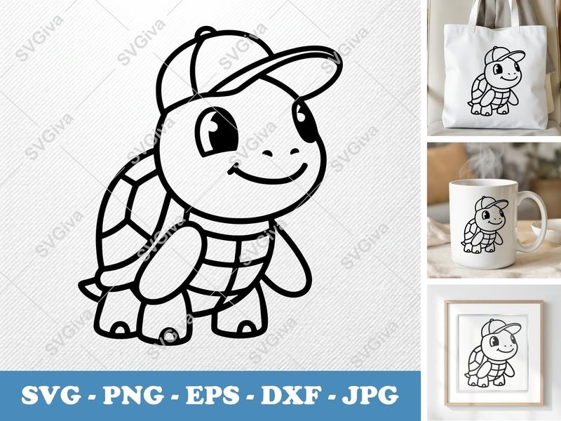 Turtle SVG, Cute Cartoon Turtle with Hat, Modern Clean Design | PNG EPS DXF | Cricut & Silhouette Cut File