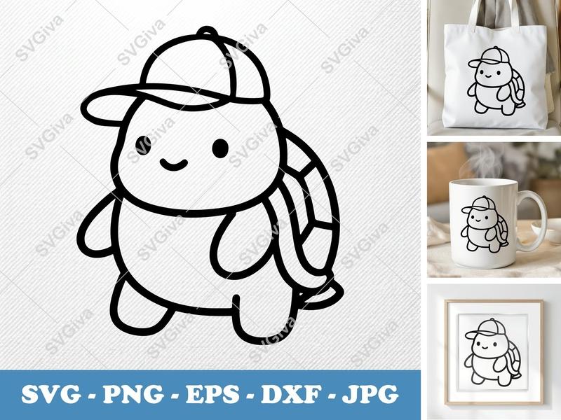 Turtle SVG, Cute Cartoon Turtle with Hat, Modern Clean Design | PNG EPS DXF | Cricut Silhouette File, Animal Clipart
