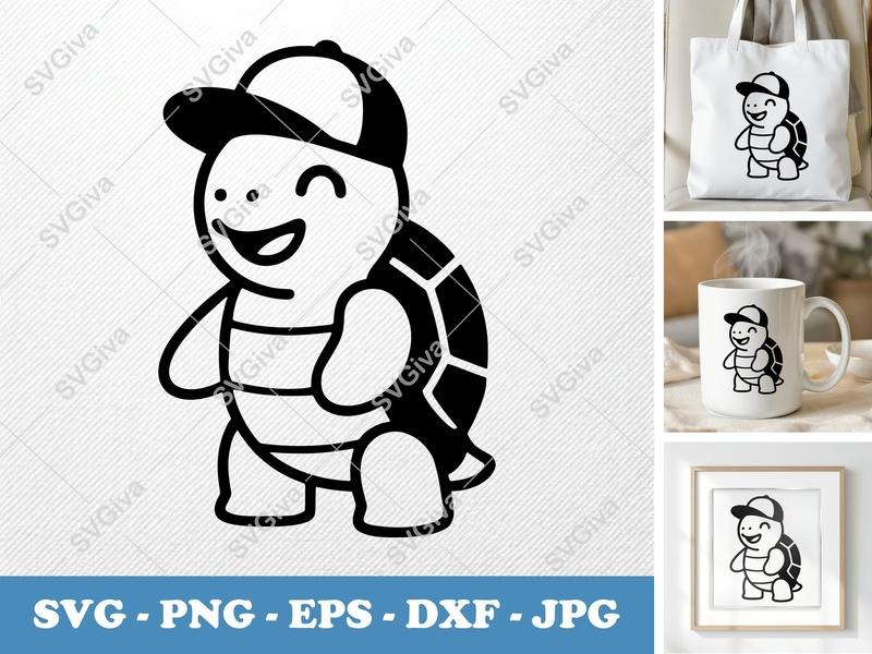 Turtle SVG | Cute Cartoon Turtle with Hat | Modern Clean Design | PNG EPS DXF for Cricut & Silhouette