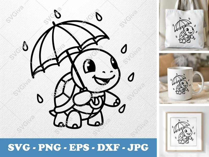 Turtle SVG | Cute Cartoon Turtle with Umbrella Cut File | PNG EPS DXF for Cricut, Silhouette | Raindrops Clipart