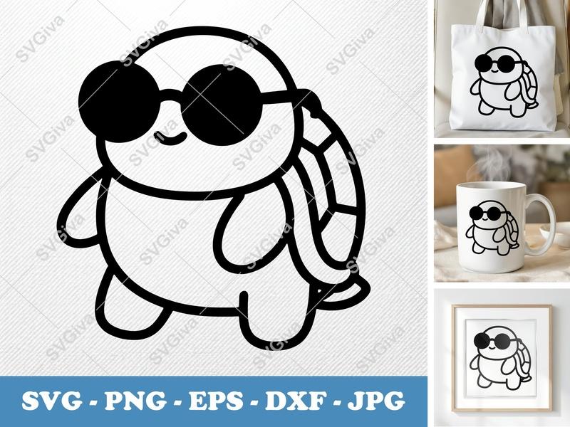 Turtle SVG | Cute Cool Turtle with Sunglasses | Modern Outline Design | PNG EPS DXF for Cricut & Silhouette