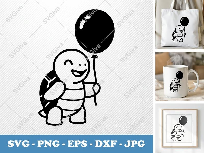Turtle SVG, Cute Happy Turtle with Balloon PNG EPS DXF | Modern Cartoon Animal Cut File for Cricut & Silhouette
