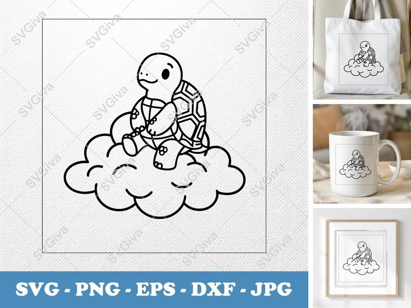 Turtle SVG, Cute Modern Turtle on Cloud Cut File | PNG EPS DXF for Cricut & Silhouette, Baby Nursery Clipart Vector