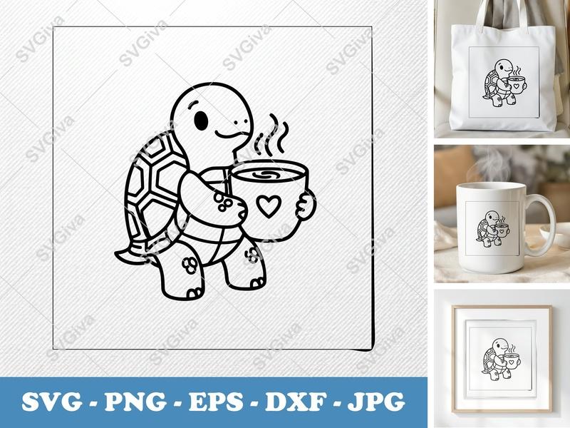 Turtle SVG, Cute Modern Turtle with Coffee Cup, PNG EPS DXF, Cricut Silhouette Cut File, Animal Clipart Vector