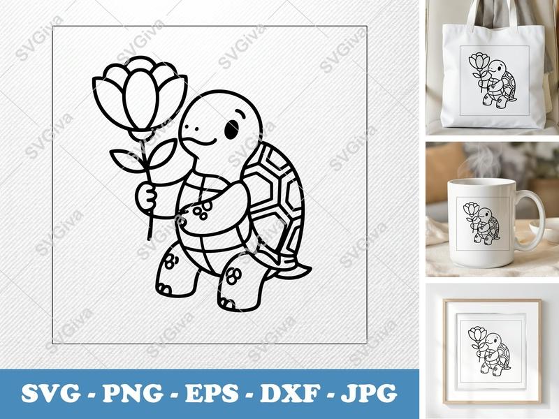 Turtle SVG, Cute Modern Turtle with Flower Cut File | PNG EPS DXF for Cricut & Silhouette, Animal Clipart Vector