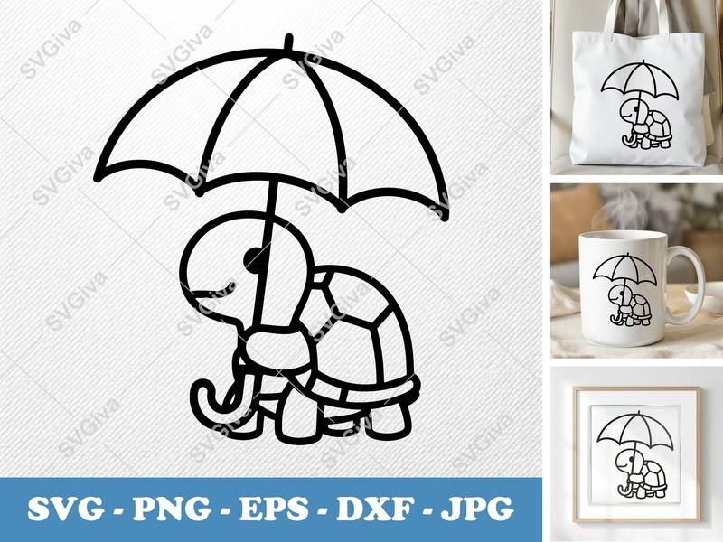 Turtle SVG | Cute Umbrella Design, Modern Clean Line Art | PNG EPS DXF for Cricut & Silhouette, Digital Cut File