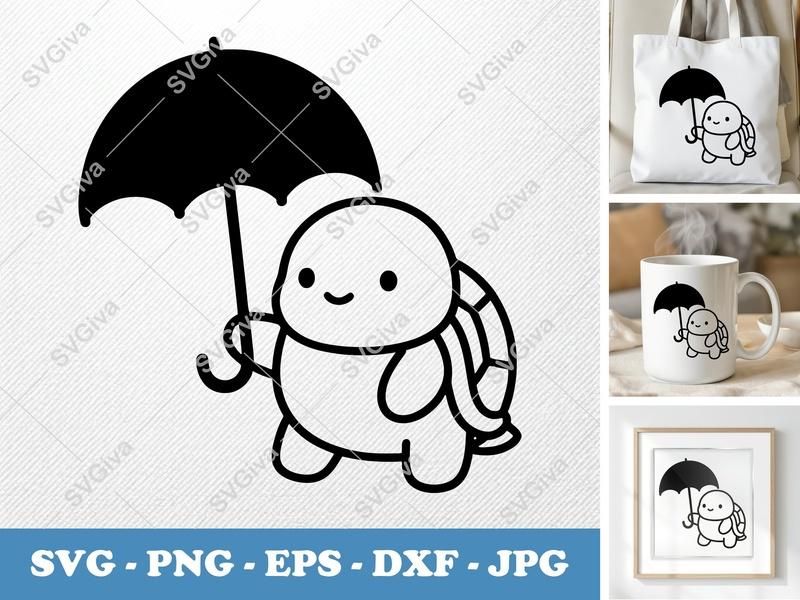 Turtle SVG | Cute Umbrella | Modern Clean Design | PNG EPS DXF for Cricut, Silhouette | Kawaii Animal Cut File