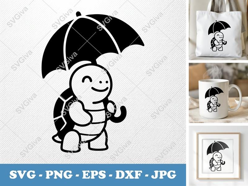 Turtle SVG | Cute Umbrella Walking Design | PNG EPS DXF | Cricut & Silhouette File, Cartoon Animal Clipart