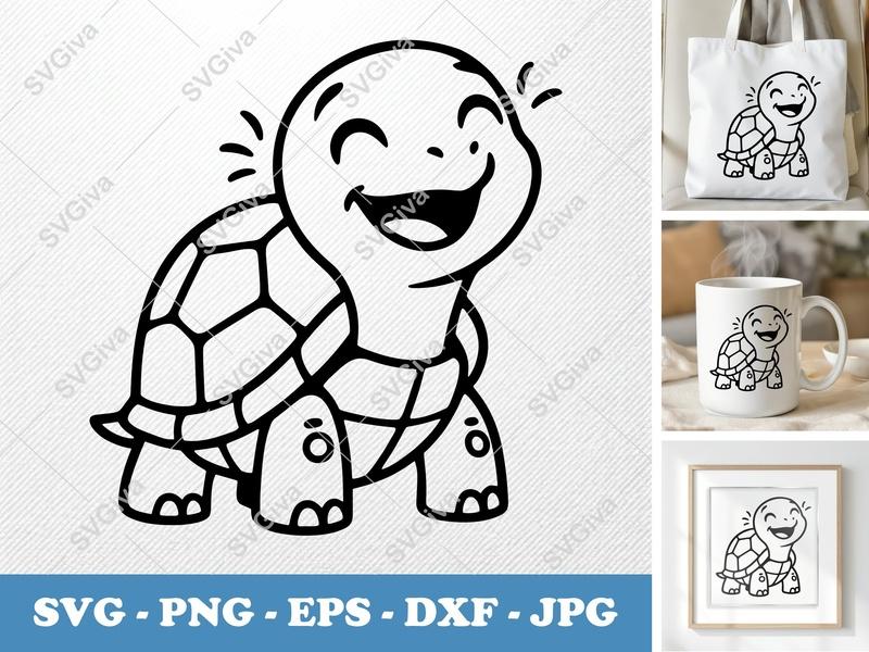 Turtle SVG | Happy Cartoon Turtle Cut File | Modern Smiling Tortoise | PNG EPS DXF for Cricut & Silhouette