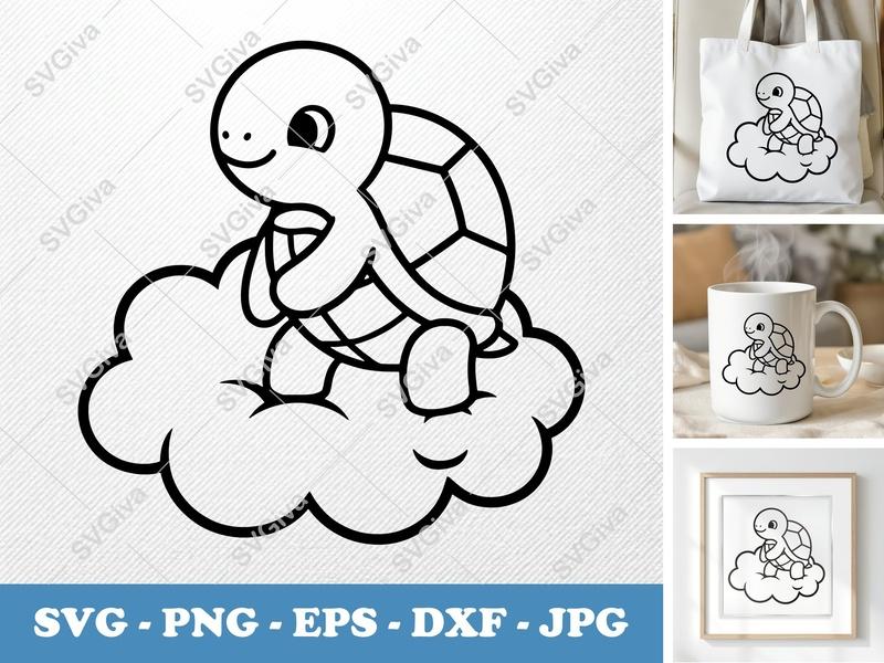 Turtle SVG on Cloud | Cute Baby Animal Line Art | PNG EPS DXF | Cricut & Silhouette File | Modern Cartoon Design