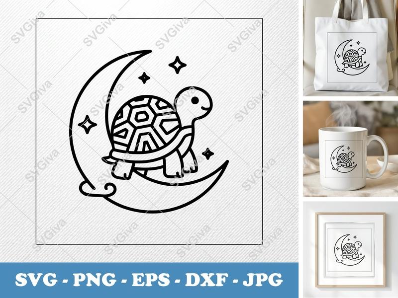 Turtle SVG on Moon | Cute Star Turtle Cut File | PNG EPS DXF for Cricut, Silhouette | Modern Baby Animal Vector Art