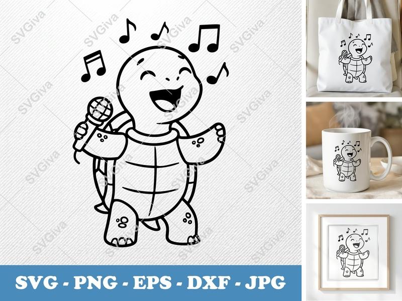 Turtle SVG, Singing Turtle with Microphone | Music Notes Cut File | PNG EPS DXF for Cricut & Silhouette, Kids Clipart