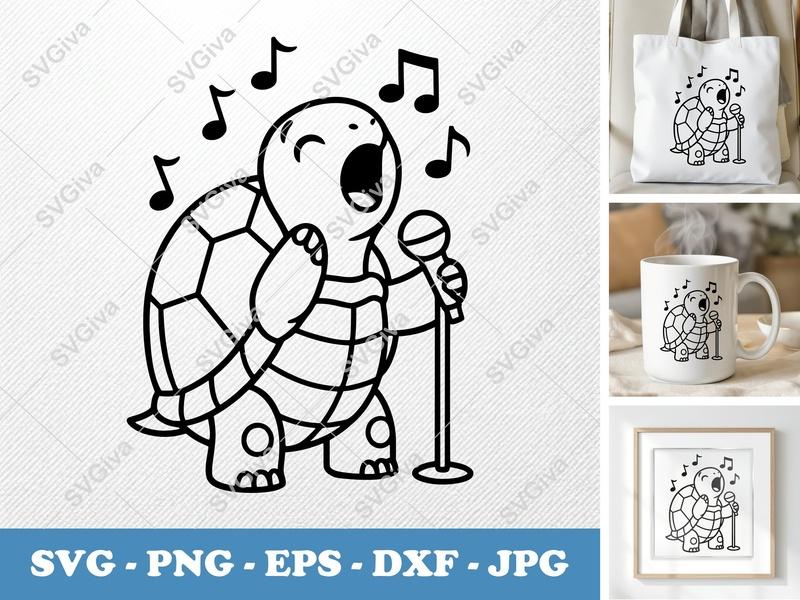 Turtle SVG, Singing Turtle with Microphone & Music Notes, Modern Clean Design PNG EPS DXF for Cricut & Silhouette
