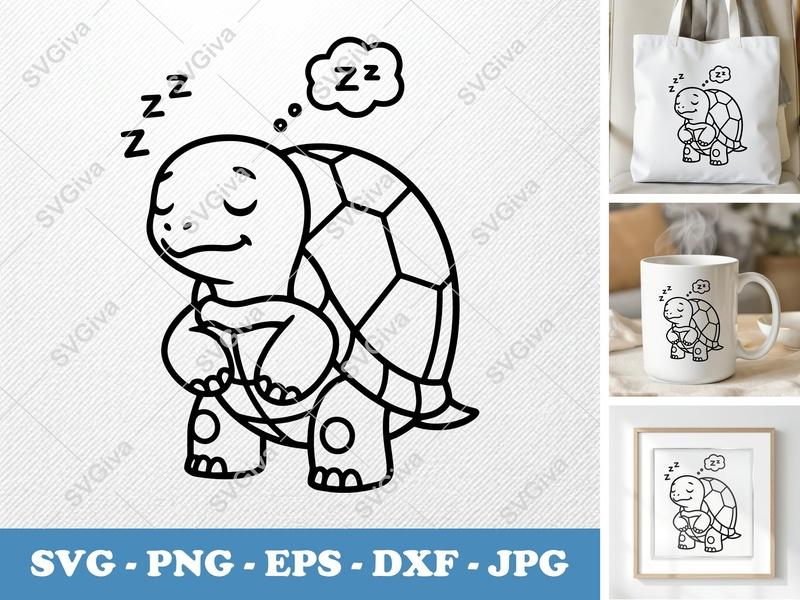 Turtle SVG Sleeping Baby, Cute Cartoon Sleepy Tortoise, Zzzz Dream Bubble | PNG EPS DXF for Cricut, Silhouette Cut File
