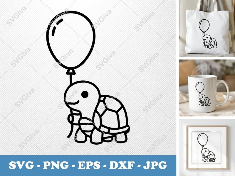 Turtle SVG with Balloon, Cute Cartoon Animal Cut File | PNG EPS DXF for Cricut & Silhouette, Modern Clean Design