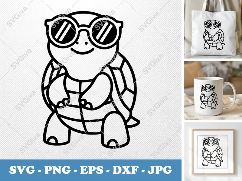 Turtle Wearing Sunglasses SVG | Friendly Bean-Shaped Cut File | Rounded Body Turtle PNG DXF EPS for Cricut Silhouette