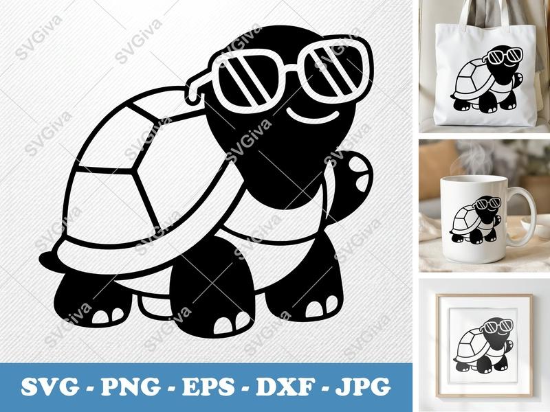 Turtle Wearing Sunglasses SVG PNG DXF EPS | Puffy Inflated Pillow-Soft Cut File for Cricut Silhouette