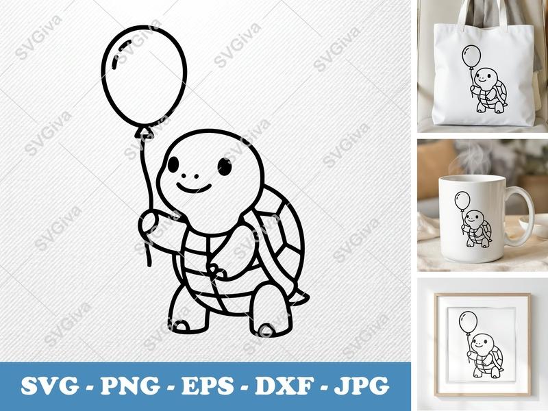 Turtle with balloon SVG | Friendly Bean-Shaped Cut File | Rounded Body PNG DXF EPS | Cricut Silhouette Design