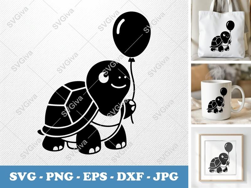 Turtle with Balloon SVG | Puffy Soft Forms Cut File | PNG DXF EPS for Cricut Silhouette