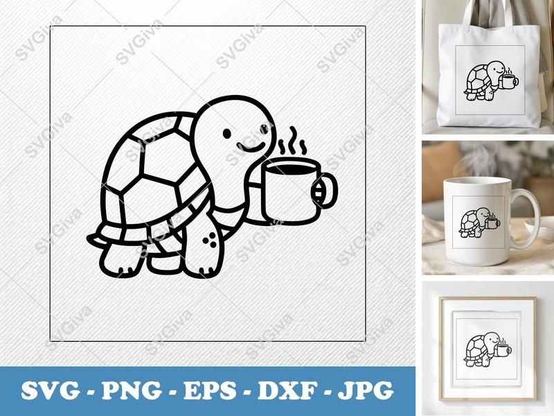 Turtle with Coffee Cup SVG | Bold Contour Minimalist Art | PNG DXF EPS | Cricut Silhouette File