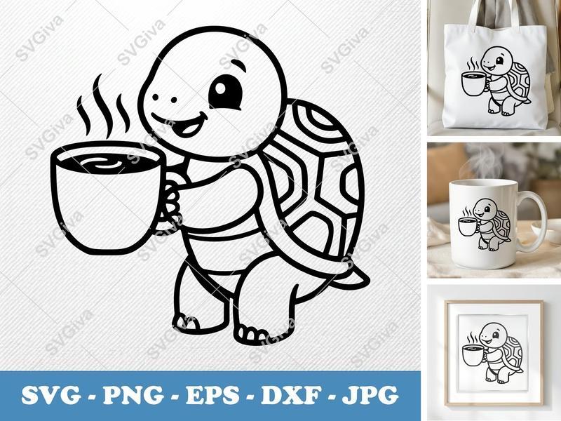 Turtle with Coffee Cup SVG | Friendly Rounded Bean-Shaped Forms | PNG DXF EPS | Cricut Silhouette File