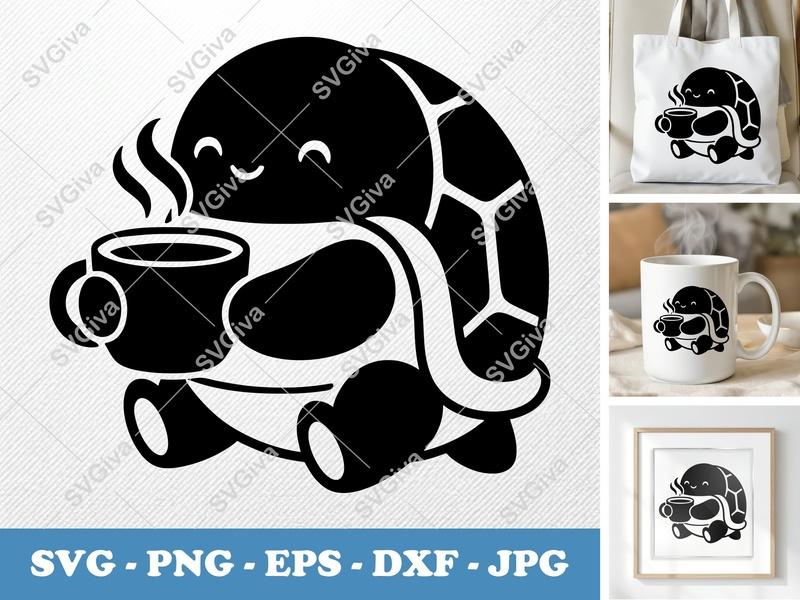 Turtle with Coffee Cup SVG | Puffy Cartoon Design | PNG DXF EPS | Cricut Silhouette File