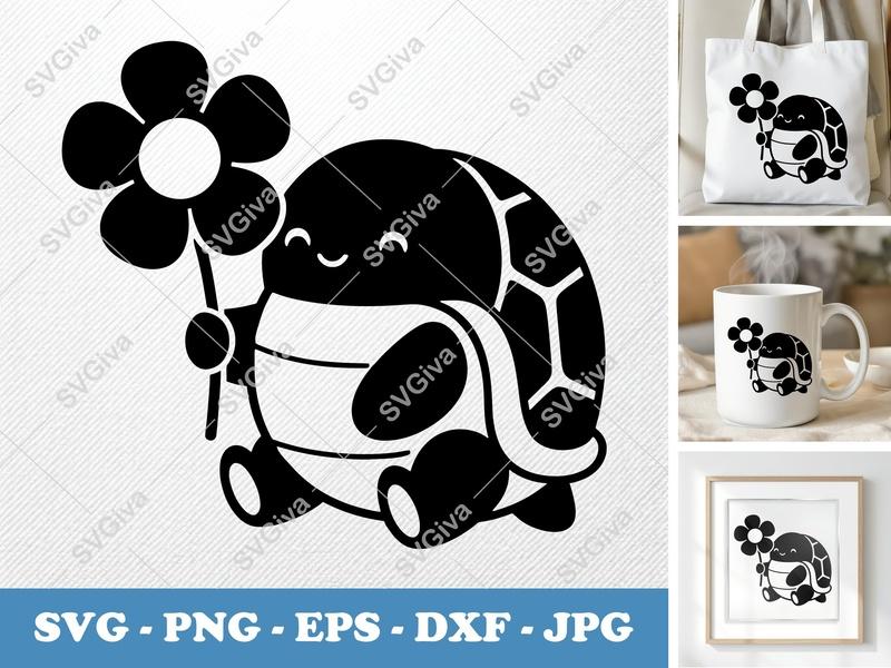 Turtle with Flower SVG | Puffy Soft Shapes Cut File | PNG DXF EPS | Cricut Silhouette Design