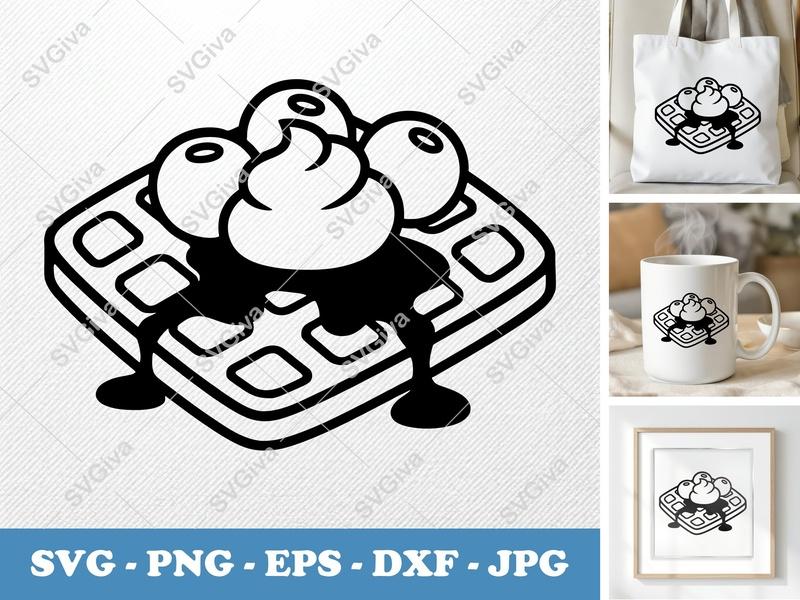 Waffles SVG, Cream and Berries Cut File | PNG EPS DXF for Cricut & Silhouette, Breakfast Food Clipart, Dessert Vector