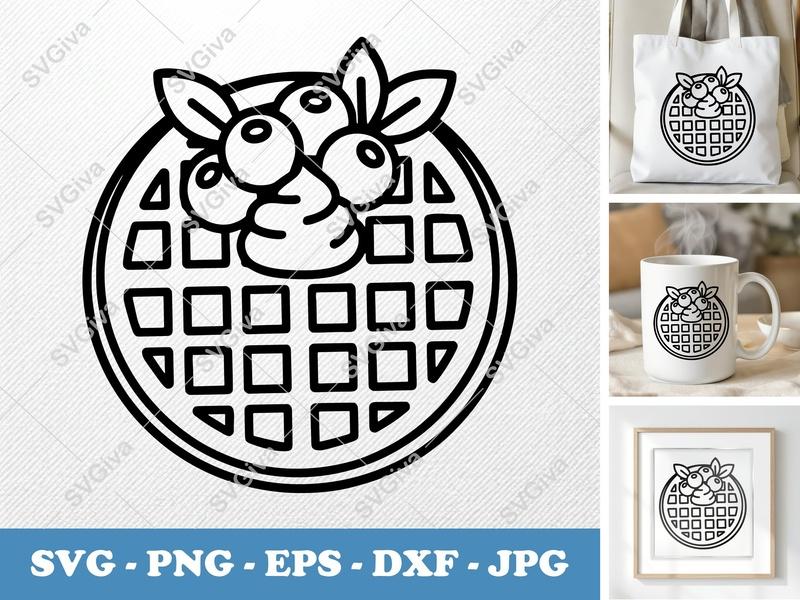 Waffles SVG with Blueberries & Cream | Modern Breakfast Food Cut File | PNG EPS DXF for Cricut, Silhouette