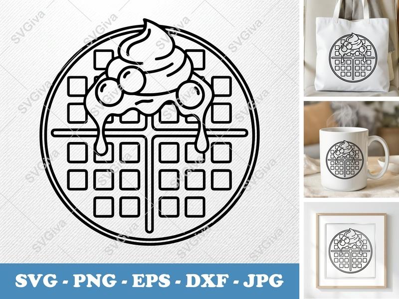 Waffles with Garnish SVG | Minimalist Bold Contour DXF EPS PNG | Cricut Silhouette Cut File