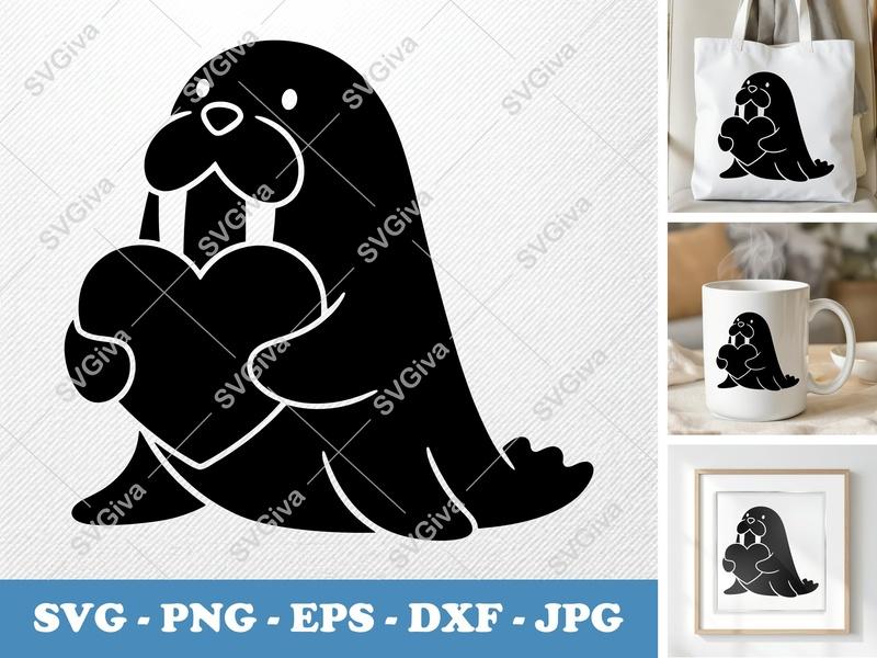 Walrus Holding Heart SVG | Puffy Soft Forms | PNG DXF EPS | Cricut Silhouette Cut File