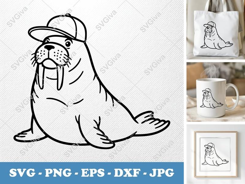 Walrus in a Cap SVG | Double-Outline Cartoon Design | Thick Contour, Clean Balance | PNG DXF EPS | Cricut Silhouette File