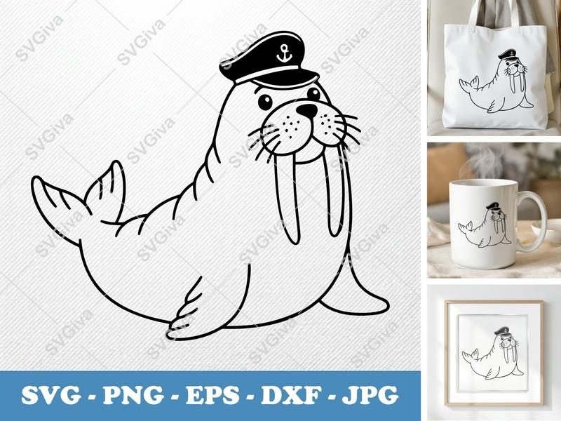 Walrus in a Cap SVG | Friendly Rounded Body Bean-Shaped Forms | PNG DXF EPS | Cricut Silhouette File