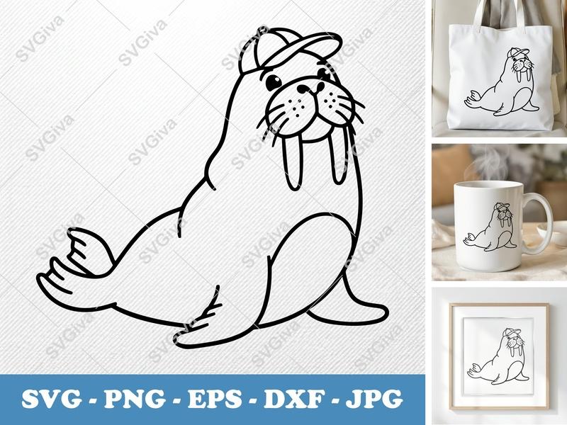 Walrus in a Cap SVG | Friendly Rounded Cartoon Walrus Cut File | PNG DXF EPS | Cricut Silhouette Design