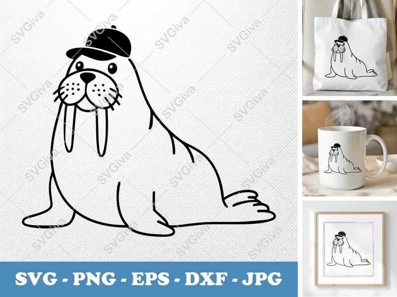 Walrus in a Cap SVG | Minimalist Character | Bold Black Outline, Clean Fill | PNG DXF EPS | Cricut Silhouette File