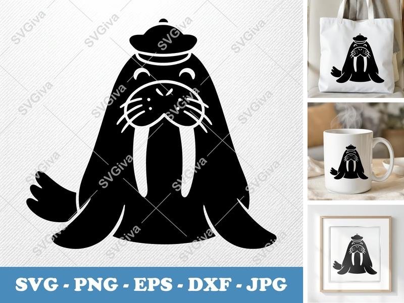 Walrus in a Cap SVG | Puffy Soft Shapes Cut File | Cricut Silhouette | PNG DXF EPS
